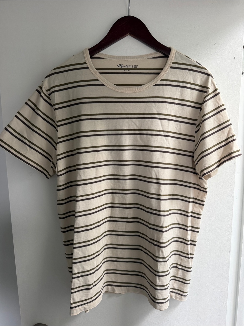 Madewell Men's Cream Tee with Brown Stripes